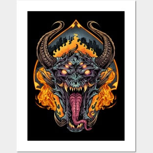 Demon Face and Fire Skulls Posters and Art